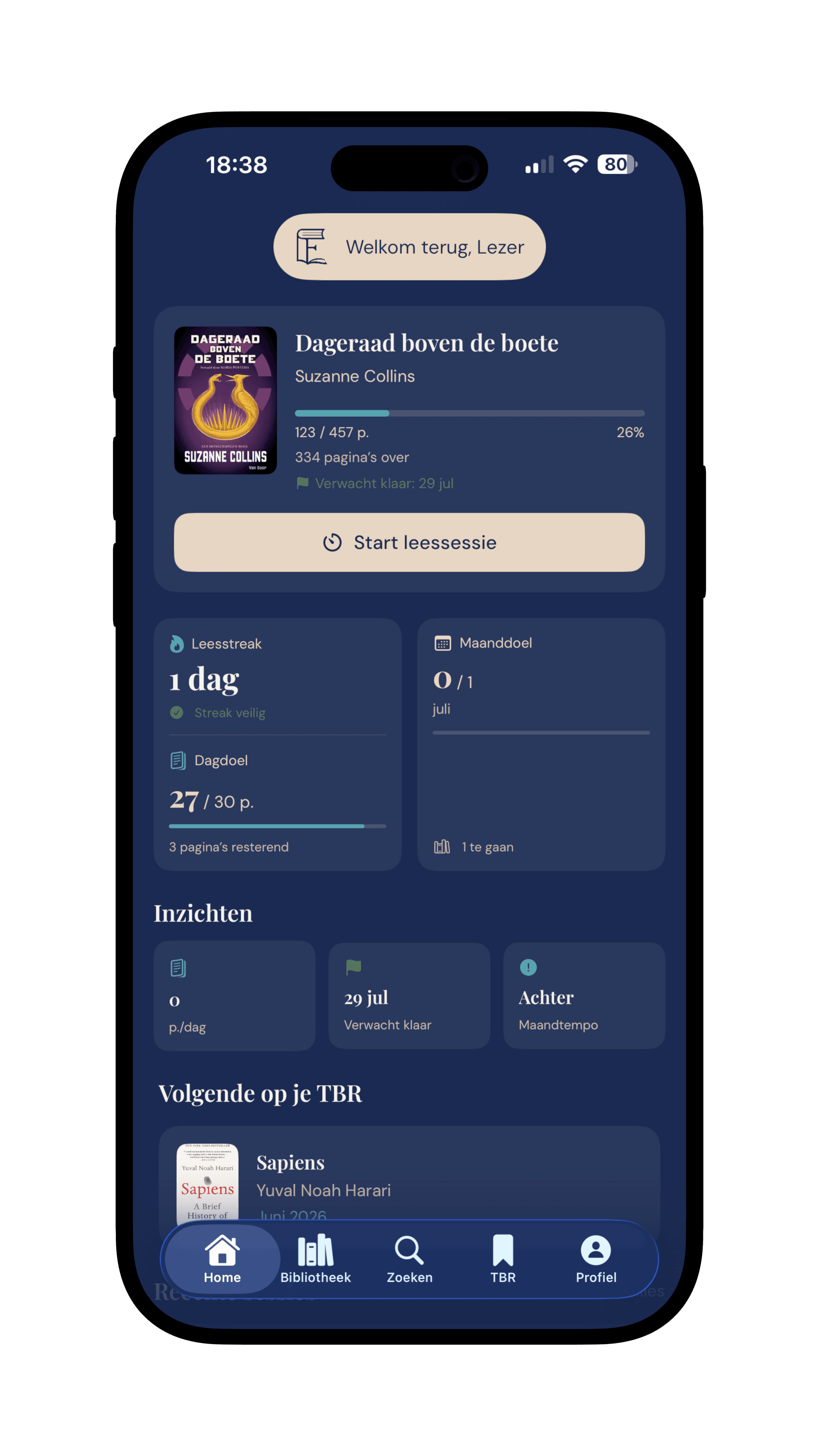 Fabulix op iPhone met huidig boek, leesvoortgang, doelen en persoonlijke inzichten