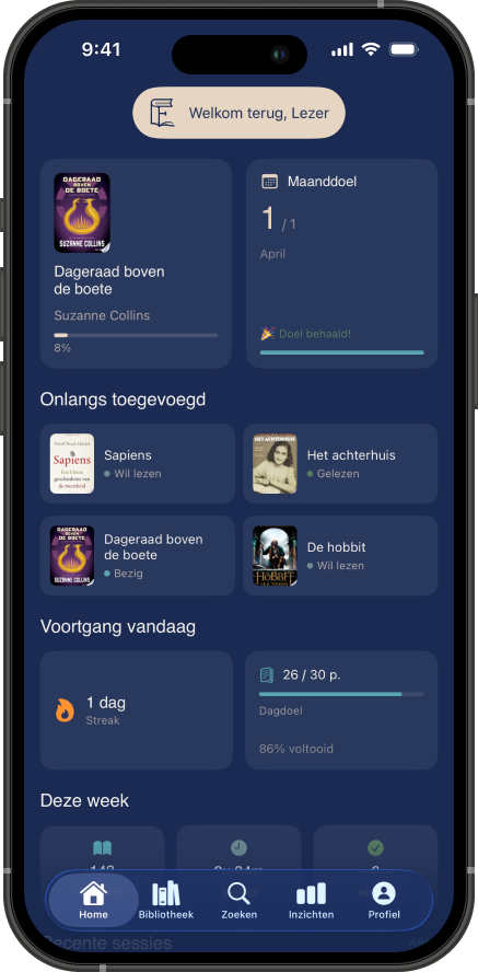 Fabulix leestracker - home dashboard met leesstreak en dagelijkse voortgang Fabulix leestracker - home dashboard met leesstreak en dagelijkse voortgang